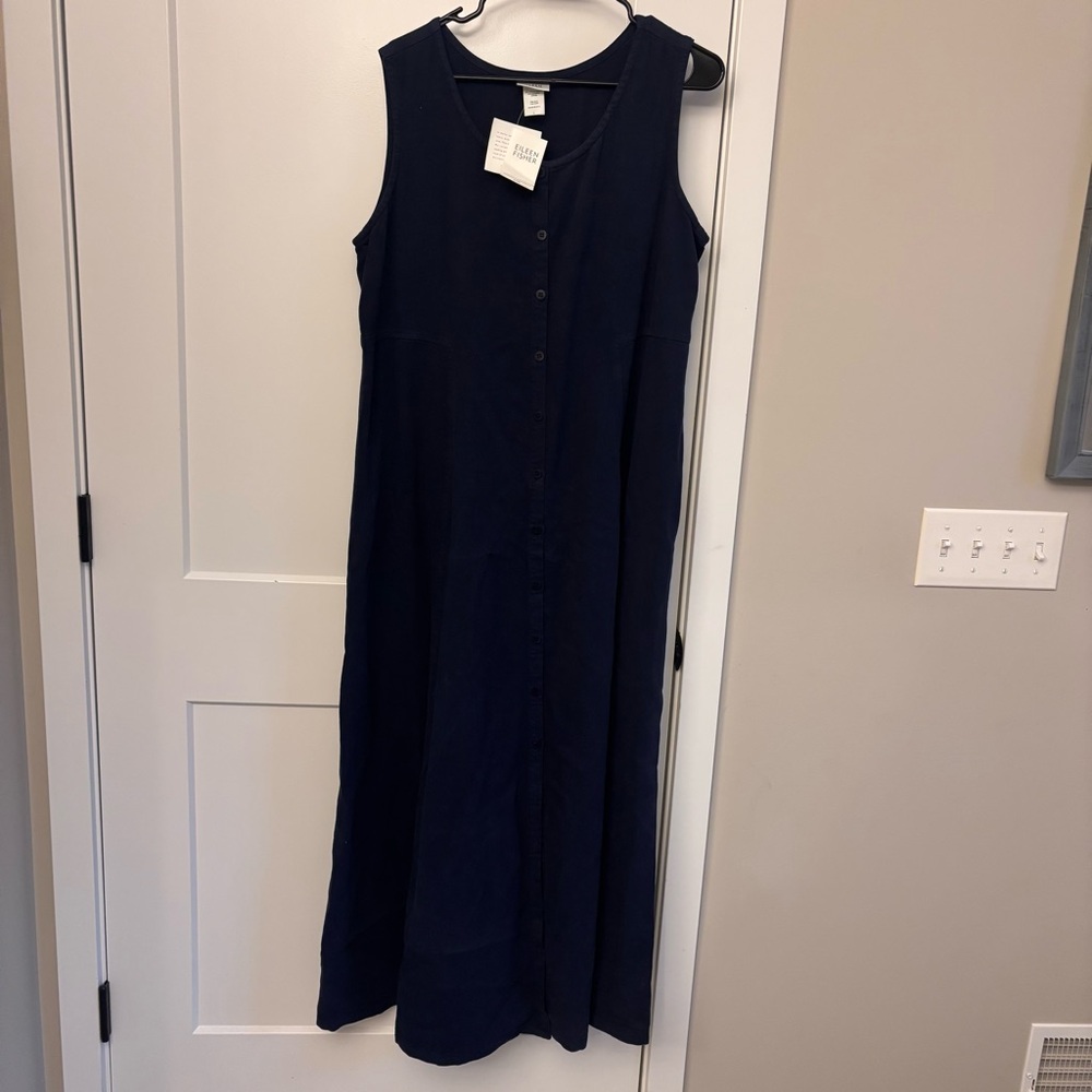 Eileen Fisher Navy Sleeveless Button-Front Maxi Dress